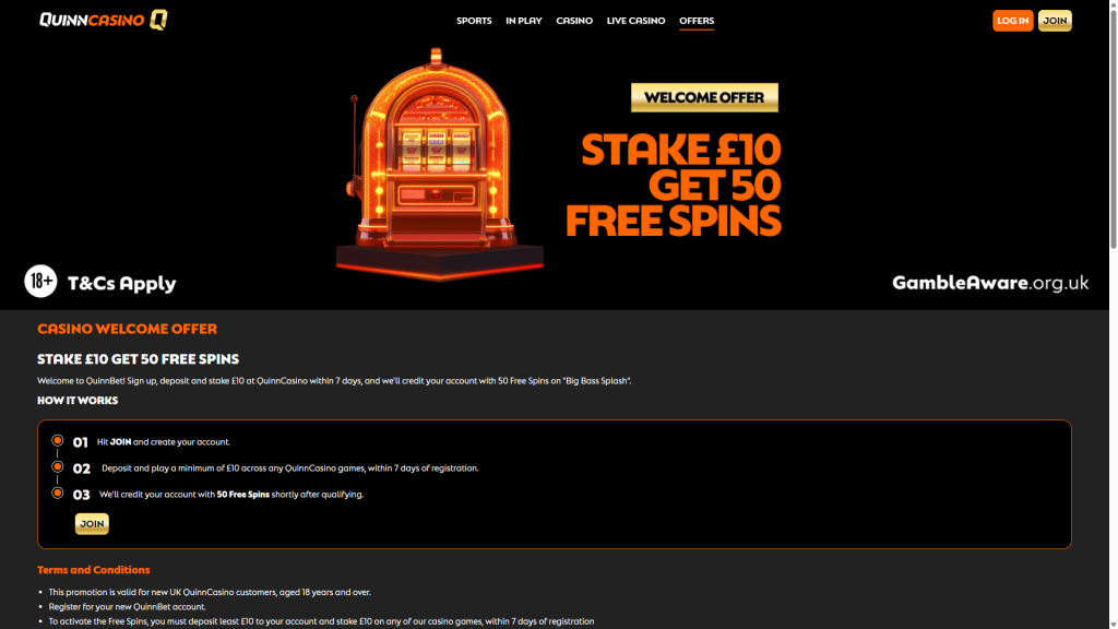Quinnbet Casino welcome offer screenshot 2026